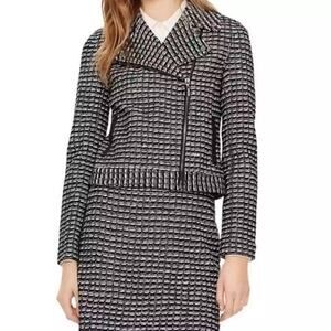 Tory Burch Tweed Moto Jacket Black Knit Zip Front Leather Trim Small Old Money
